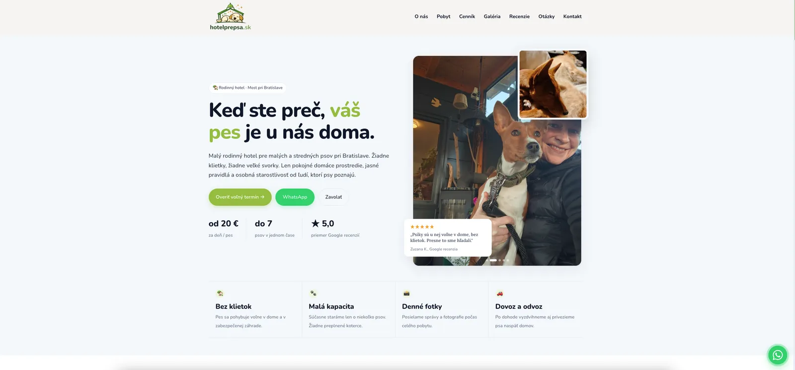 Web hotelprepsa.sk – úvodná stránka rodinného hotela pre psov