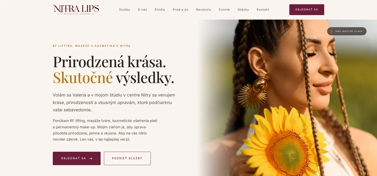 Web nitralips.sk na počítači – úvodná stránka s fotkou majiteľky Valerie