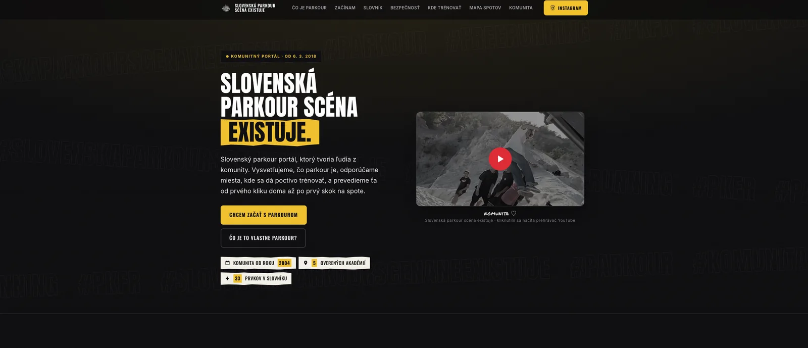Web parkourscenaexistuje.sk – úvodná stránka komunitného portálu o parkoure